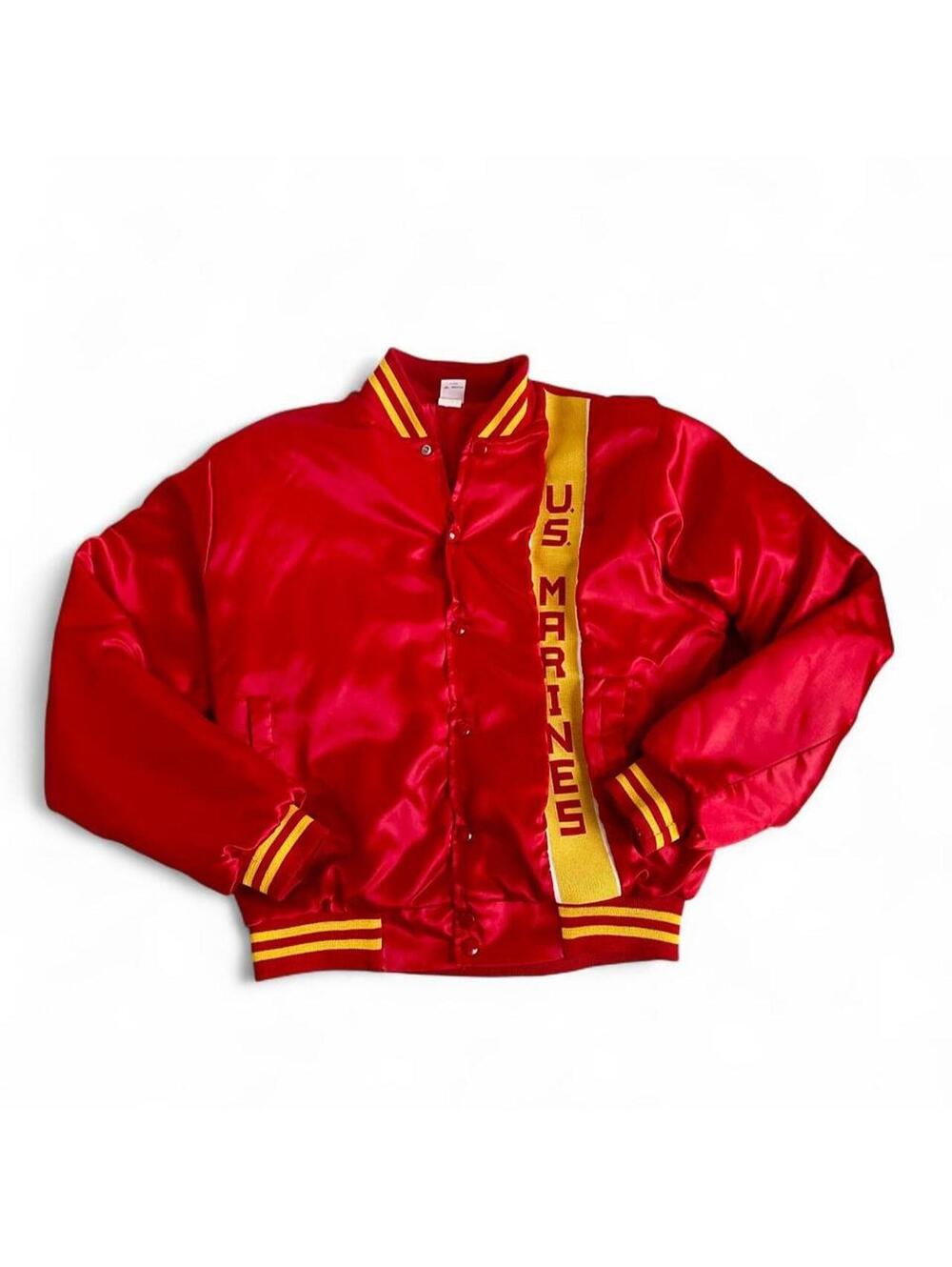 Vintage 80s US Marines USMC Soffe Satin Bomber Jacket Made USA Red Gold Large